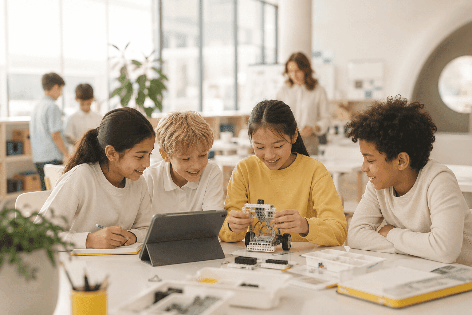 Children working in a bright Dubai classroom
