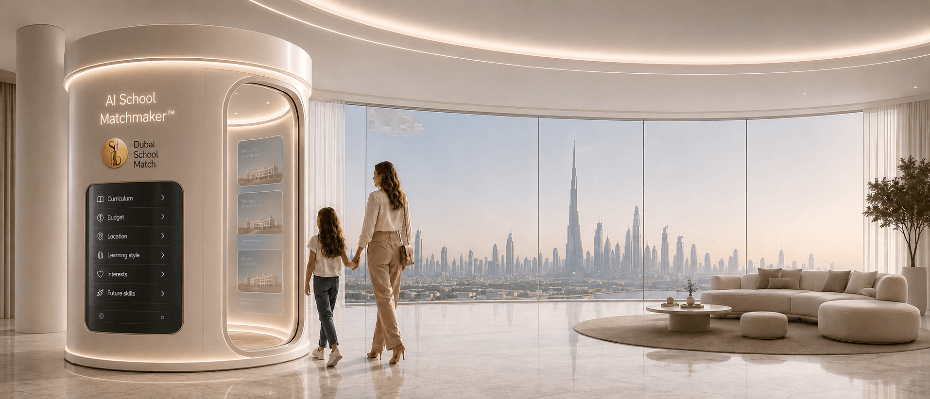 A mother and daughter at an AI School Matchmaker kiosk, with the Dubai skyline through the window behind them.